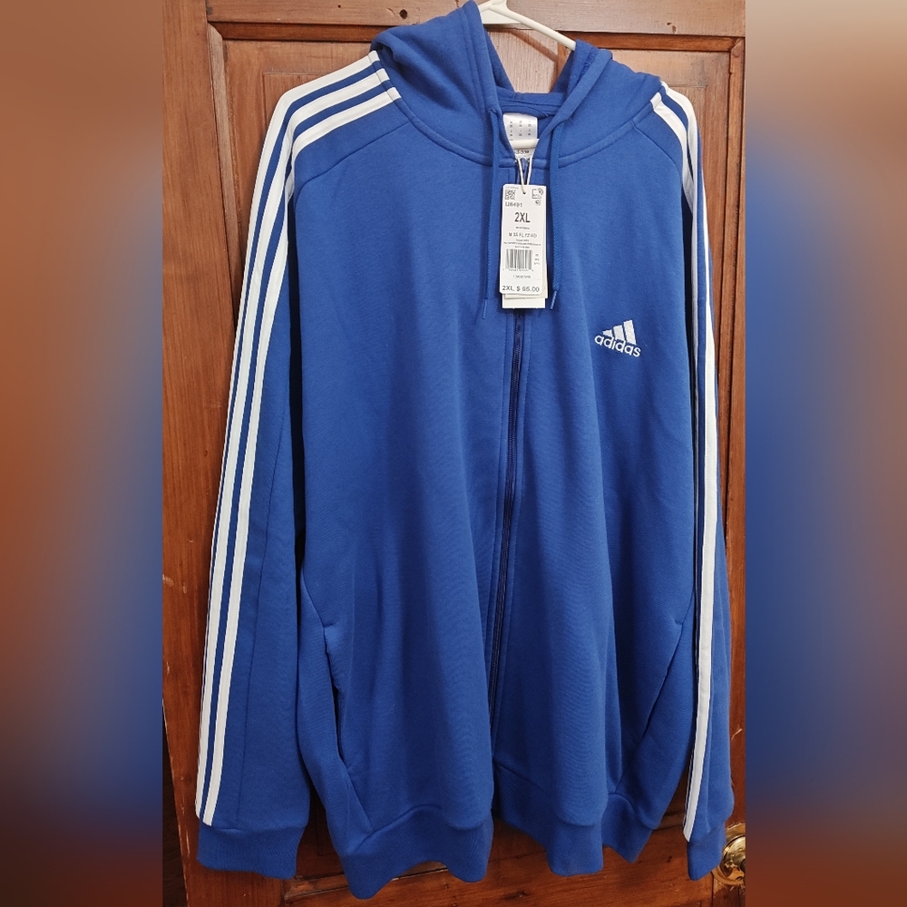 Adidas Royal Blue 3 stripe fleece full zip hoodie in XXL, new with tags